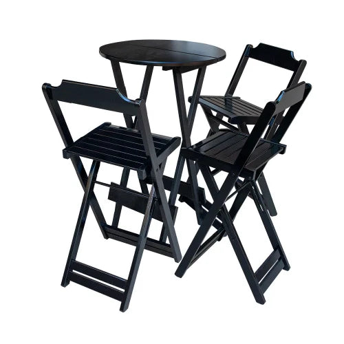 Kit Mesa Bistrô de Madeira Dobrável com 3 Banquetas - Preto