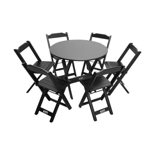 Mesa Dobrável de Madeira Redonda 90cm com 6 Cadeiras Preta
