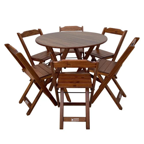 Conjunto Dobrável Mesa de Madeira 90cm Redonda com 6 Cadeiras Imbuia