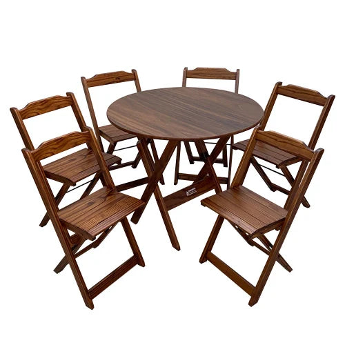 Conjunto Dobrável Mesa de Madeira 90cm Redonda com 6 Cadeiras Imbuia