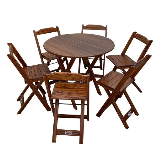Conjunto Dobrável Mesa de Madeira 90cm Redonda com 6 Cadeiras Imbuia