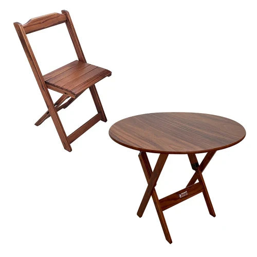 Conjunto Dobrável Mesa de Madeira 90cm Redonda com 6 Cadeiras Imbuia