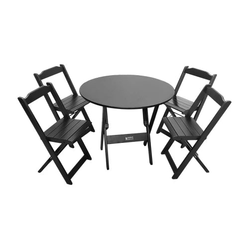 Conjunto Dobrável Mesa de Madeira 90cm Redonda com 4 Cadeiras Preta