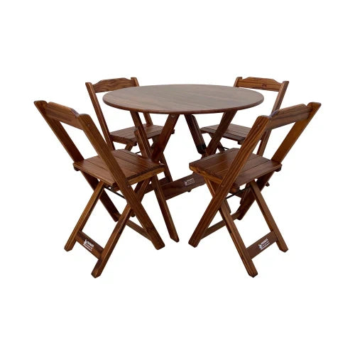 Conjunto Dobrável Mesa de Madeira 90cm Redonda com 4 Cadeiras Imbuia