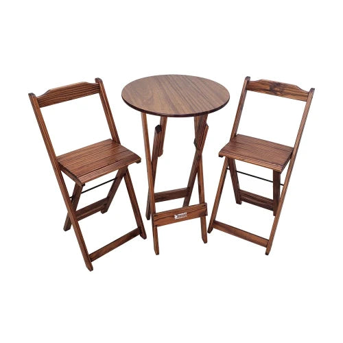 Mesa Bistrô Dobrável de Madeira Redonda com 2 Banquetas Imbuia
