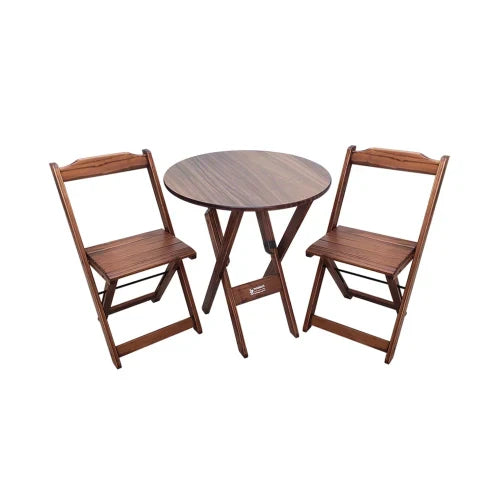 Conjunto Dobrável Mesa de Madeira 70cm Redonda com 2 Cadeiras Imbuia