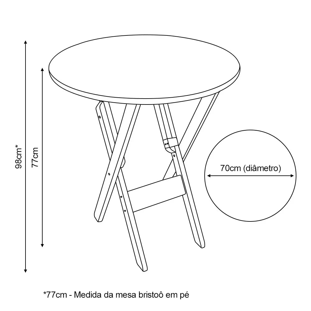 Conjunto Dobrável Mesa de Madeira 70cm Redonda com 2 Cadeiras Imbuia