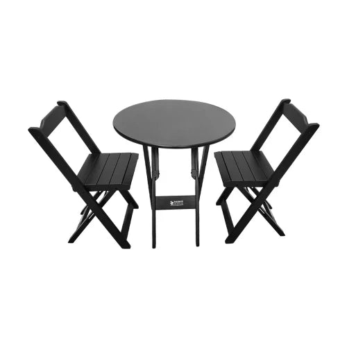 Mesa Dobrável de Madeira Redonda 70cm com 2 Cadeiras Preta