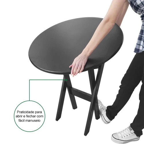 Mesa Dobrável de Madeira Redonda 70cm com 2 Cadeiras Preta