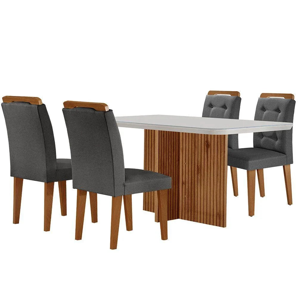 Sala De Jantar Mesa Olímpia 120cm Mdf Vidro Canto Copo Com 4 Cadeiras Grafite, Off White E Imbuia
