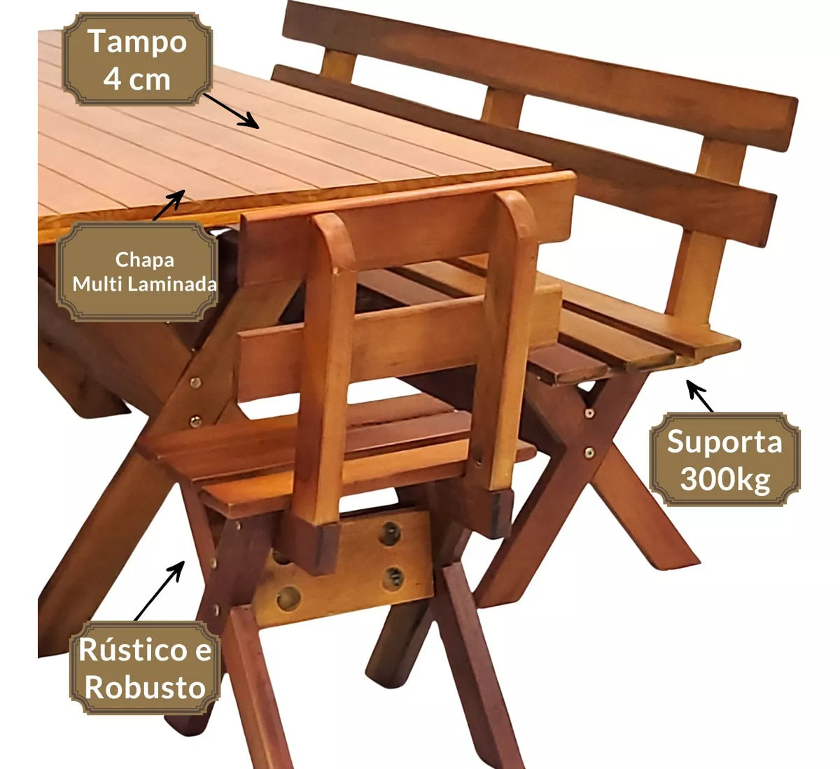 Conjunto Mesa Madeira Rústica Para Churrasco - Mesa + 4 Bancos Mel