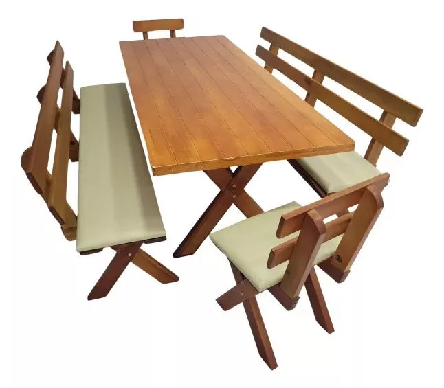 Conjunto Mesa Madeira Maciça Para Churrasco Mel + 4 Bancos Estofados Nude
