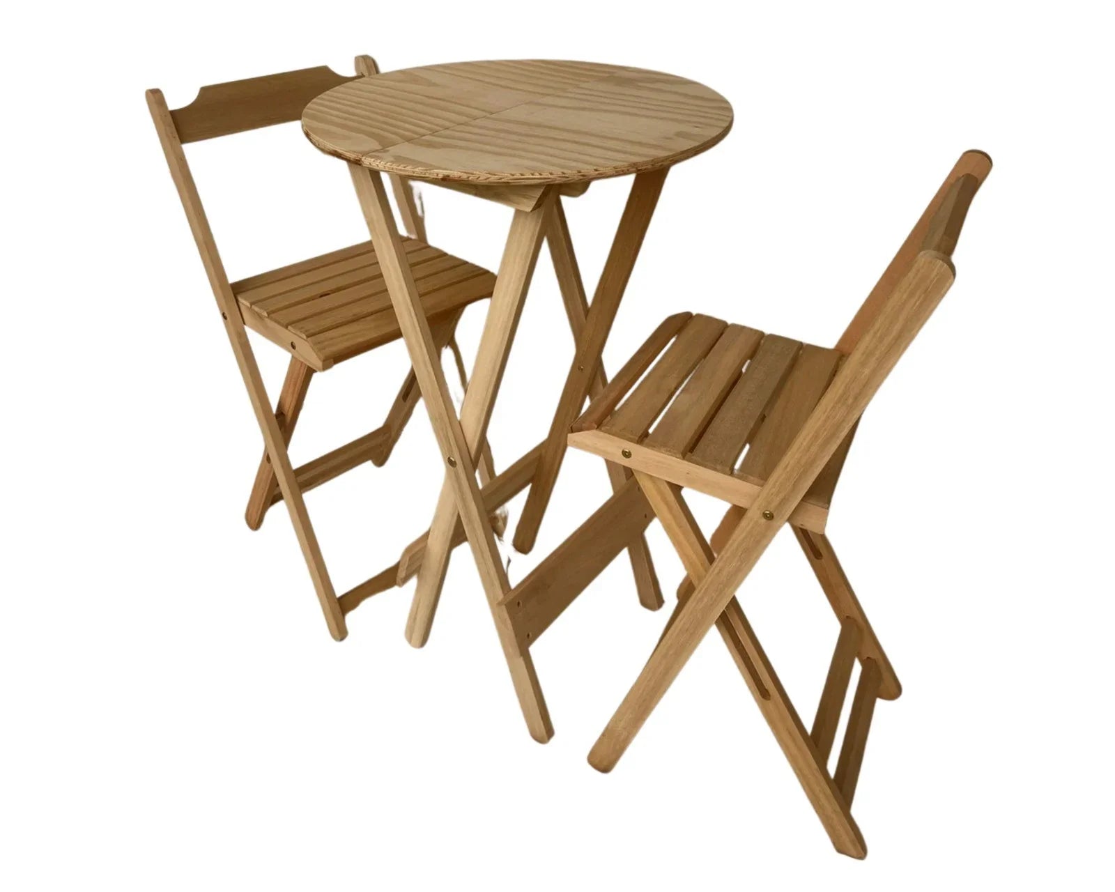 CONJUNTO MESA REDONDA DOBRÁVEL BISTRÔ E 2 CADEIRAS EM MADEIRA EUCALIPTO SEM PINTURA