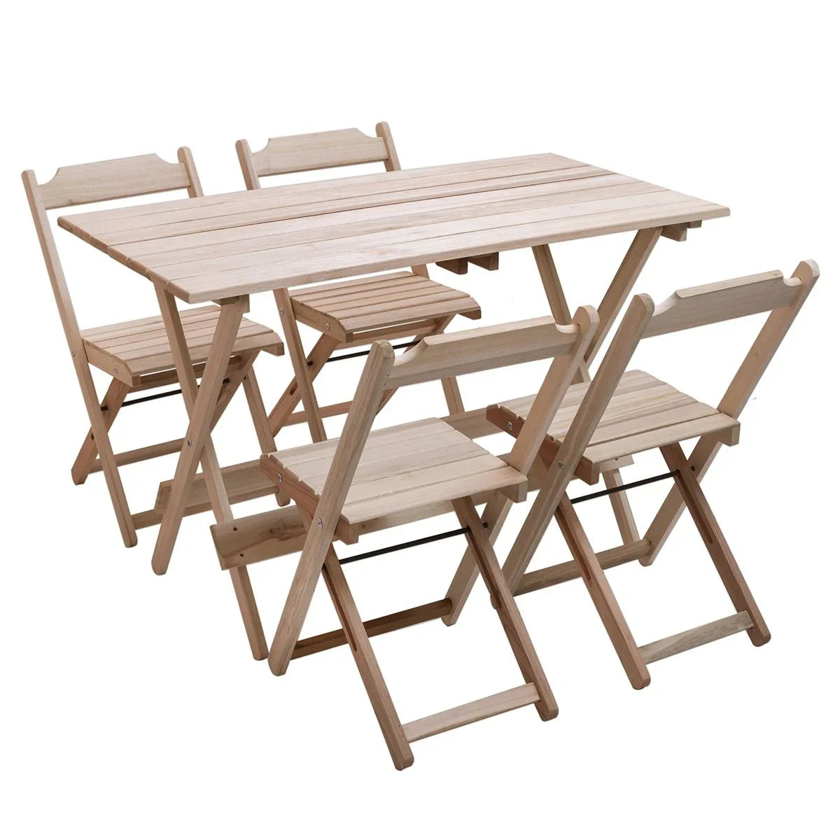 CONJUNTO DOBRÁVEL DE MESA 120X70 COM 1 MESA E 4 CADEIRAS EM MADEIRA EUCALIPTO SEM PINTURA