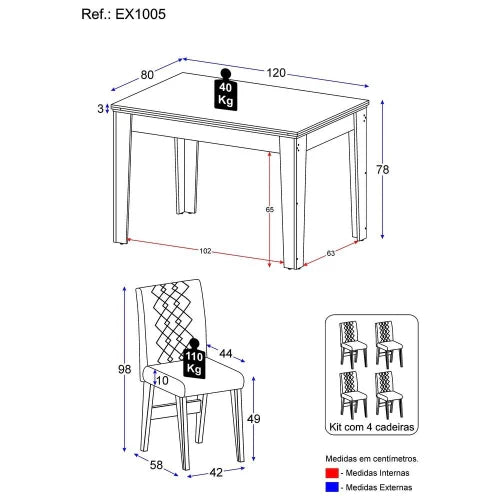 Conjunto Mesa de Jantar 120 cm com 4 cadeiras Rio Multimóveis EX1005 Madeirado/Off White/Bege