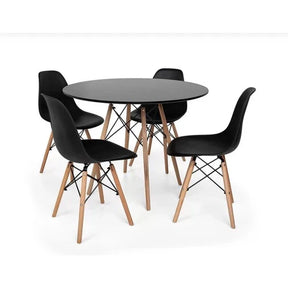 Conjunto de Mesa de Jantar Eames Eiffel Redonda 90 cm Tampo de Madeira Preto com 4 Cadeiras Pretas