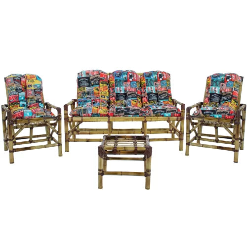 Conjunto Bambu 5 Lugares, 01 Poltrona, 2 Cadeiras + Mesa de Centro com Almofadas  Colorido