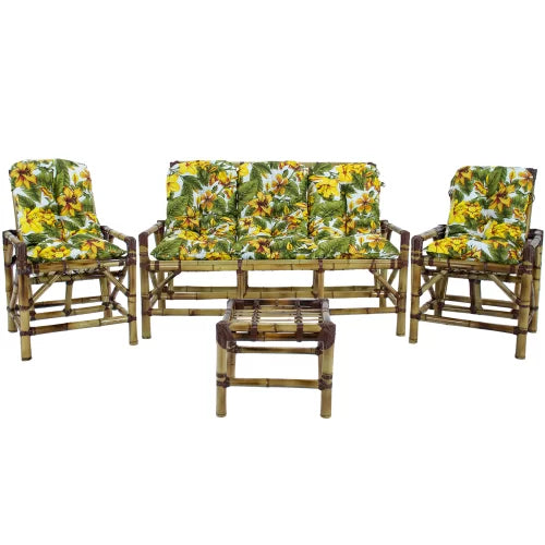 Conjunto Bambu 5 Lugares, 01 Poltrona, 2 Cadeiras + Mesa de Centro com Almofadas  Amarelo