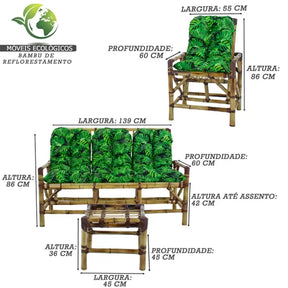 Conjunto Bambu 5 Lugares, 01 Poltrona, 2 Cadeiras + Mesa de Centro com Almofadas Verde Escuro