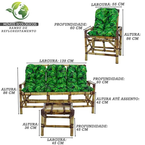 Conjunto Bambu 5 Lugares, 01 Poltrona, 2 Cadeiras + Mesa de Centro com Almofadas Verde Escuro