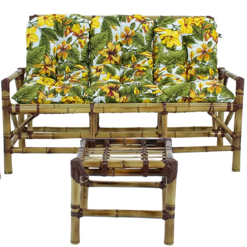 Conjunto Bambu 5 Lugares, 01 Poltrona, 2 Cadeiras + Mesa de Centro com Almofadas  Amarelo