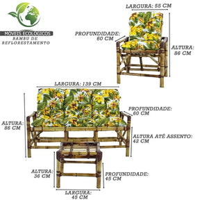 Conjunto Bambu 5 Lugares, 01 Poltrona, 2 Cadeiras + Mesa de Centro com Almofadas  Amarelo