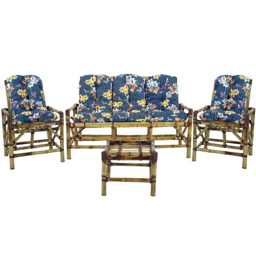 Conjunto Bambu 5 Lugares, 01 Poltrona, 2 Cadeiras + Mesa de Centro com Almofadas  Azul