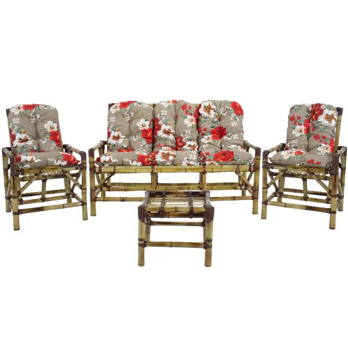 Conjunto Bambu 5 Lugares, 01 Poltrona, 2 Cadeiras + Mesa de Centro com Almofadas  Cinza/Vermelho