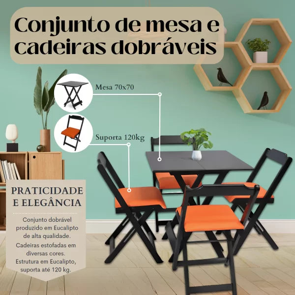 Conjunto Mesa Dobrável 70x70 com 4 Cadeiras Estofadas - Laranja