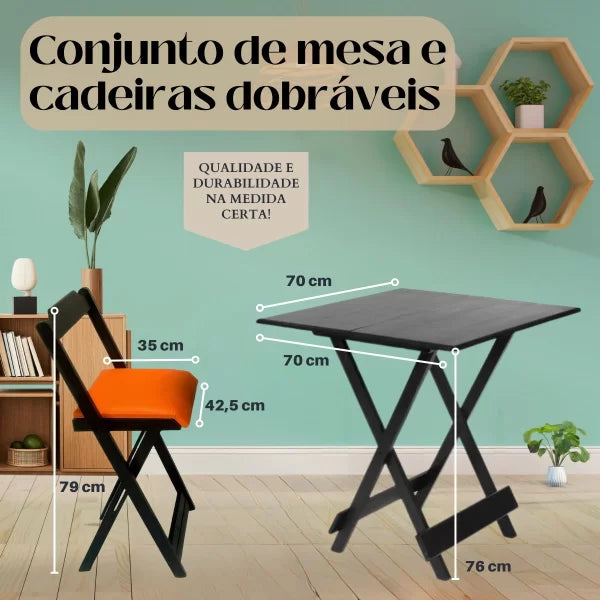 Conjunto Mesa Dobrável 70x70 com 4 Cadeiras Estofadas - Preto