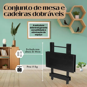 Conjunto Mesa Dobrável 70x70 com 4 Cadeiras Estofadas - Preto